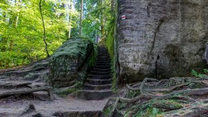 Schody okolo pozůstatků hradu Šaunštejn