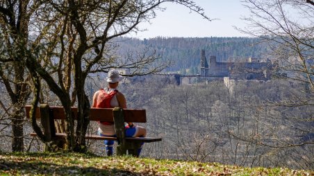Výhled na zříceninu hradu Cornštejn z vyhlídky na západním okraji obce Bítov