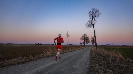 Cesta mezi městy Speisendorf a Raabs an der Thaya (Rakousy nad Dyjí) po západu slunce