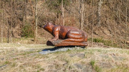 Dřevěná socha žáby na břehu rybníka Rakovec u obce Hostákov