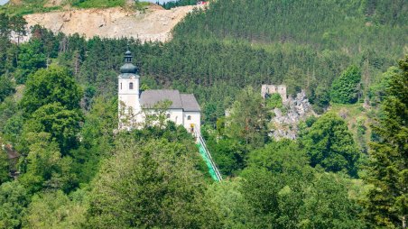 Kostel sv. Jiljí s výtahem a zřícenina hradu Eibenstein v obci Eibenstein (Ivanov)