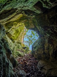 Jeskyně Hollerhöhle (Hollerova jeskyně) nad řekou Thaya (Dyje)